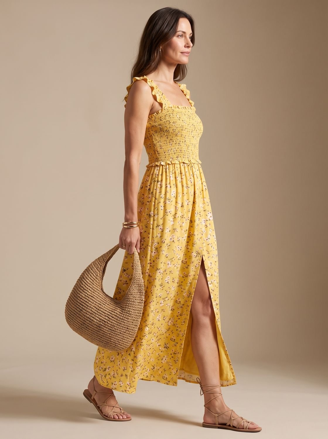 Close-up of the smocked bodice and ruffle-trim neckline