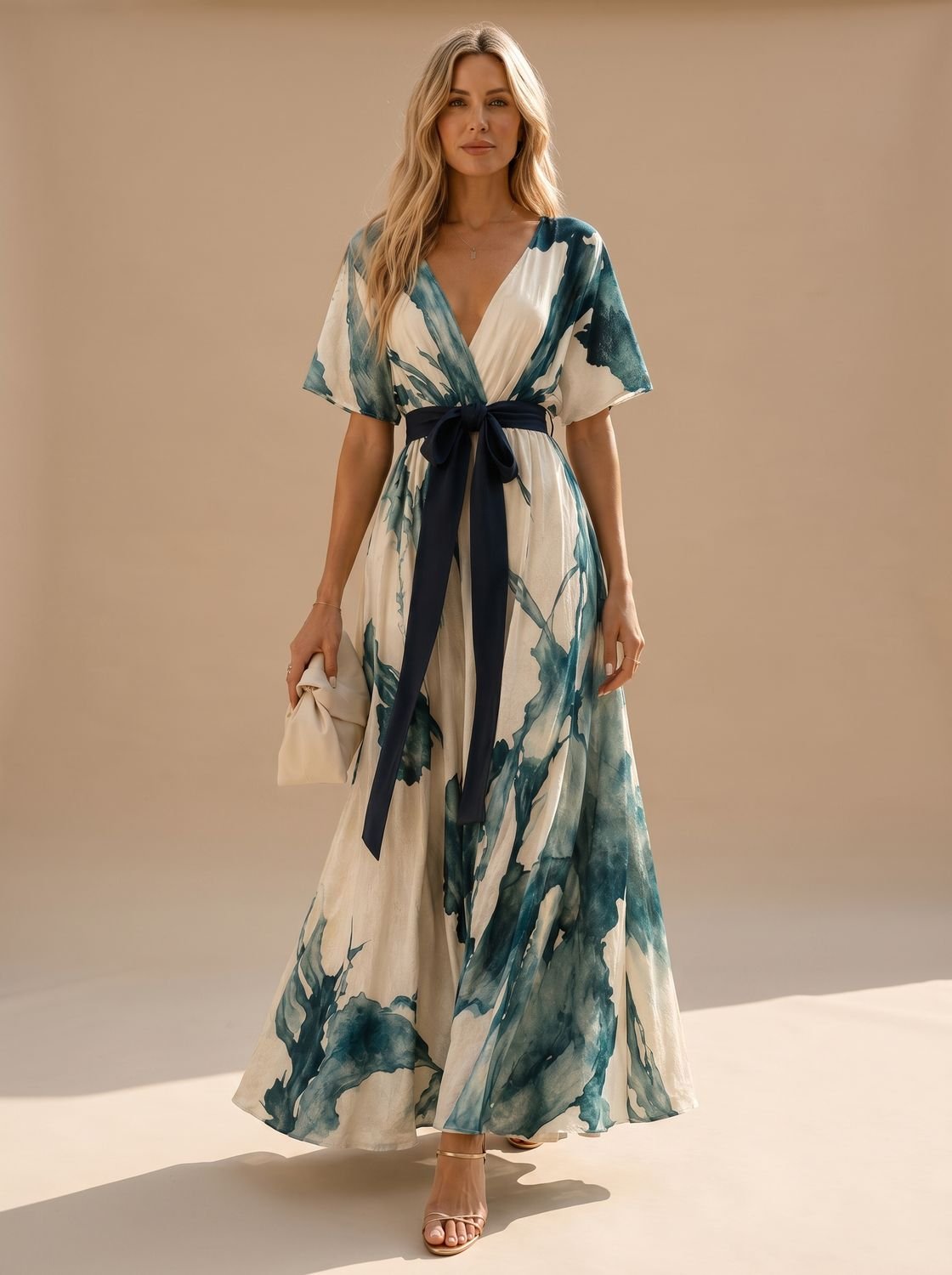 Women's boho maxi dress with a watercolor print and V-neck