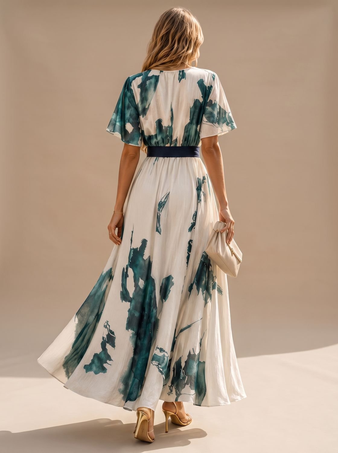 Flowy watercolor print maxi dress featuring a tie waist