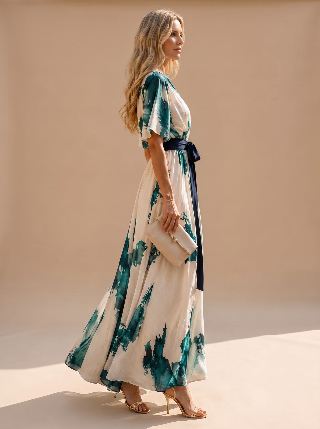 Full-length women's dress with a boho print and V-neckline