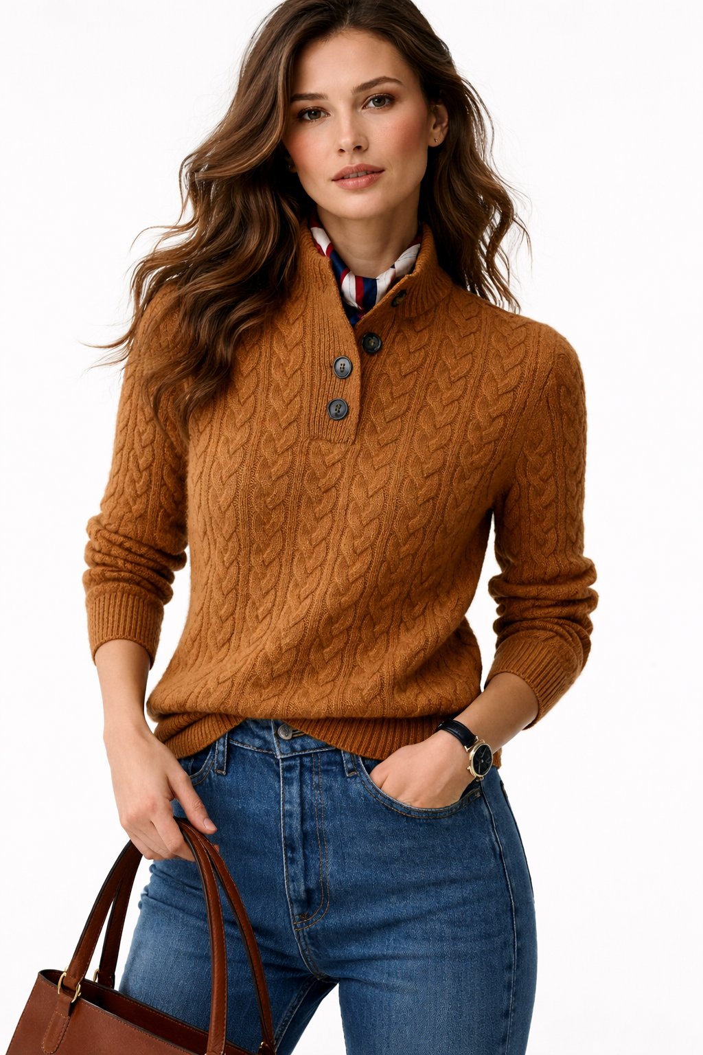 Women's cable knit wool blend sweater with a button neckline