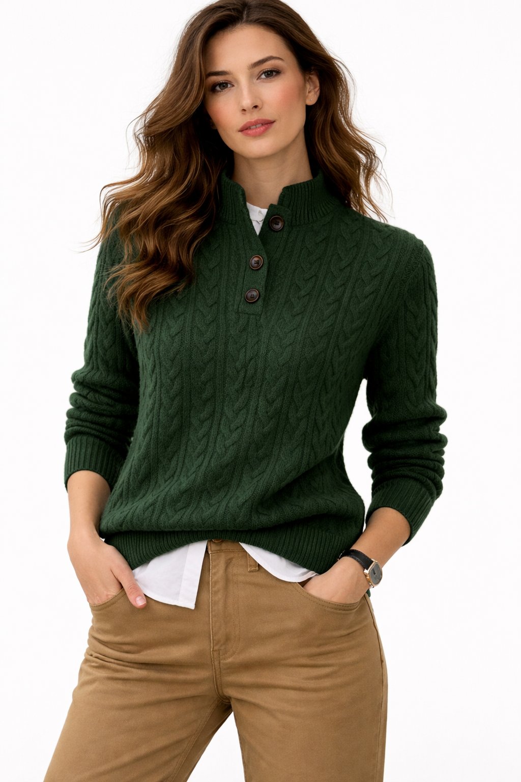 Women's Cable Knit Button-Neck Wool Blend Sweater