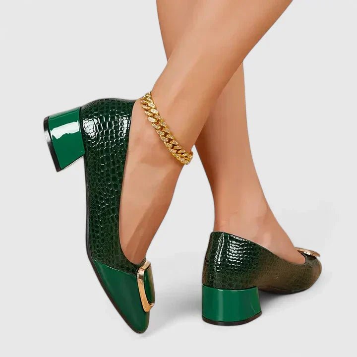 Close-up of the croc-embossed texture on women's loafers