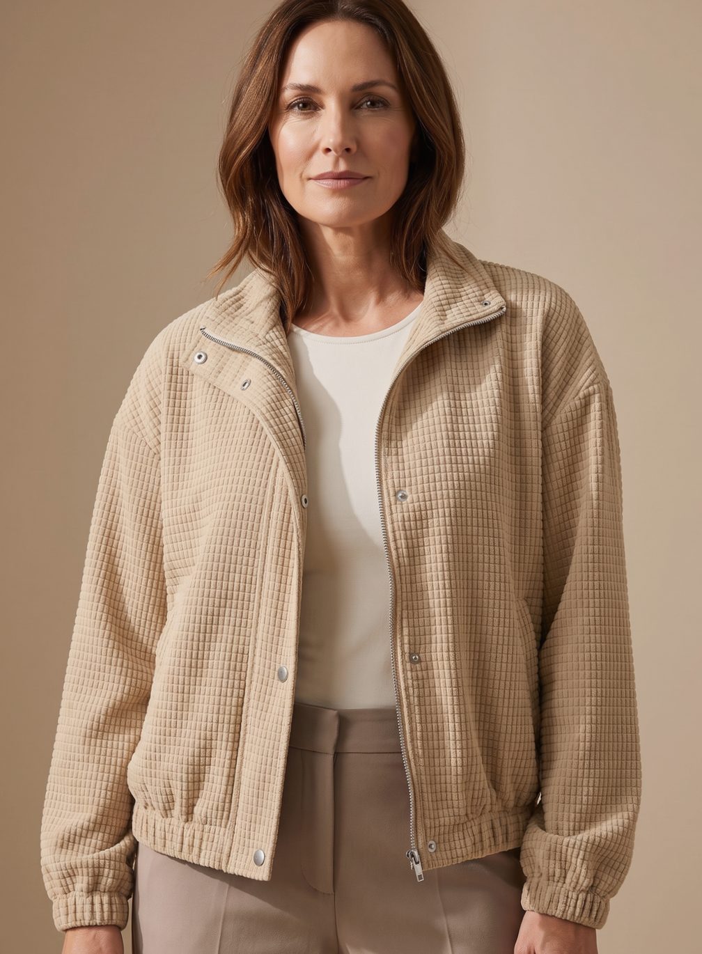 Close-up of the waffle-knit texture and stand collar on the cropped jacket
