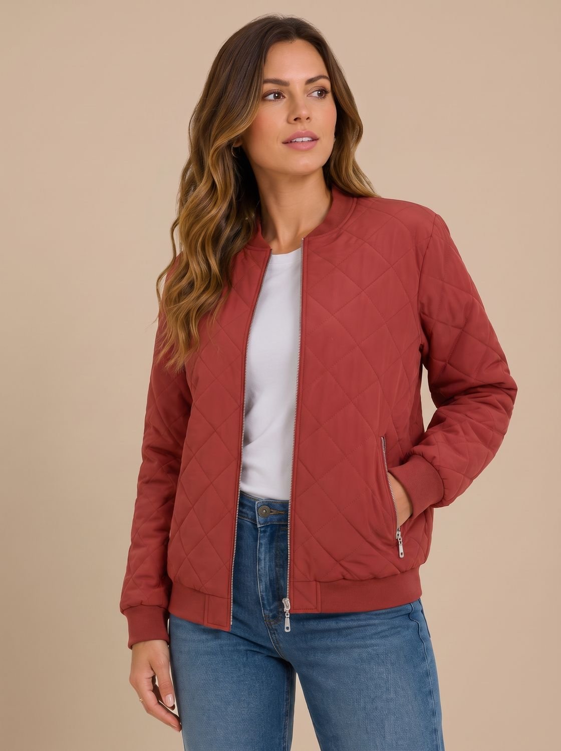 Close-up of the diamond quilted pattern on a women's bomber jacket
