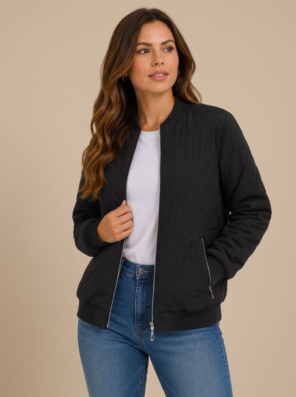 Women's quilted bomber jacket shown from the front with a full zip closure
