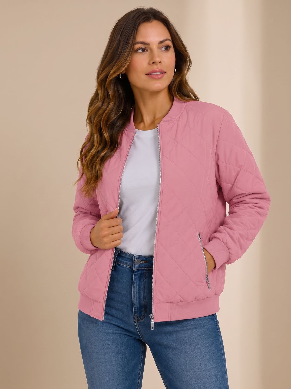 Women's Quilted Bomber Jacket With Zip Pockets