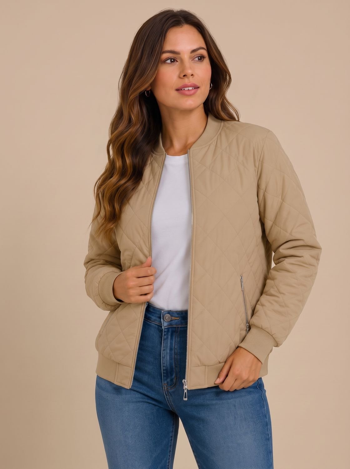 Women's Quilted Bomber Jacket With Zip Pockets