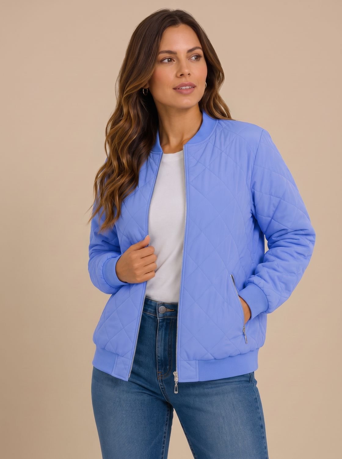 Women's Quilted Bomber Jacket With Zip Pockets