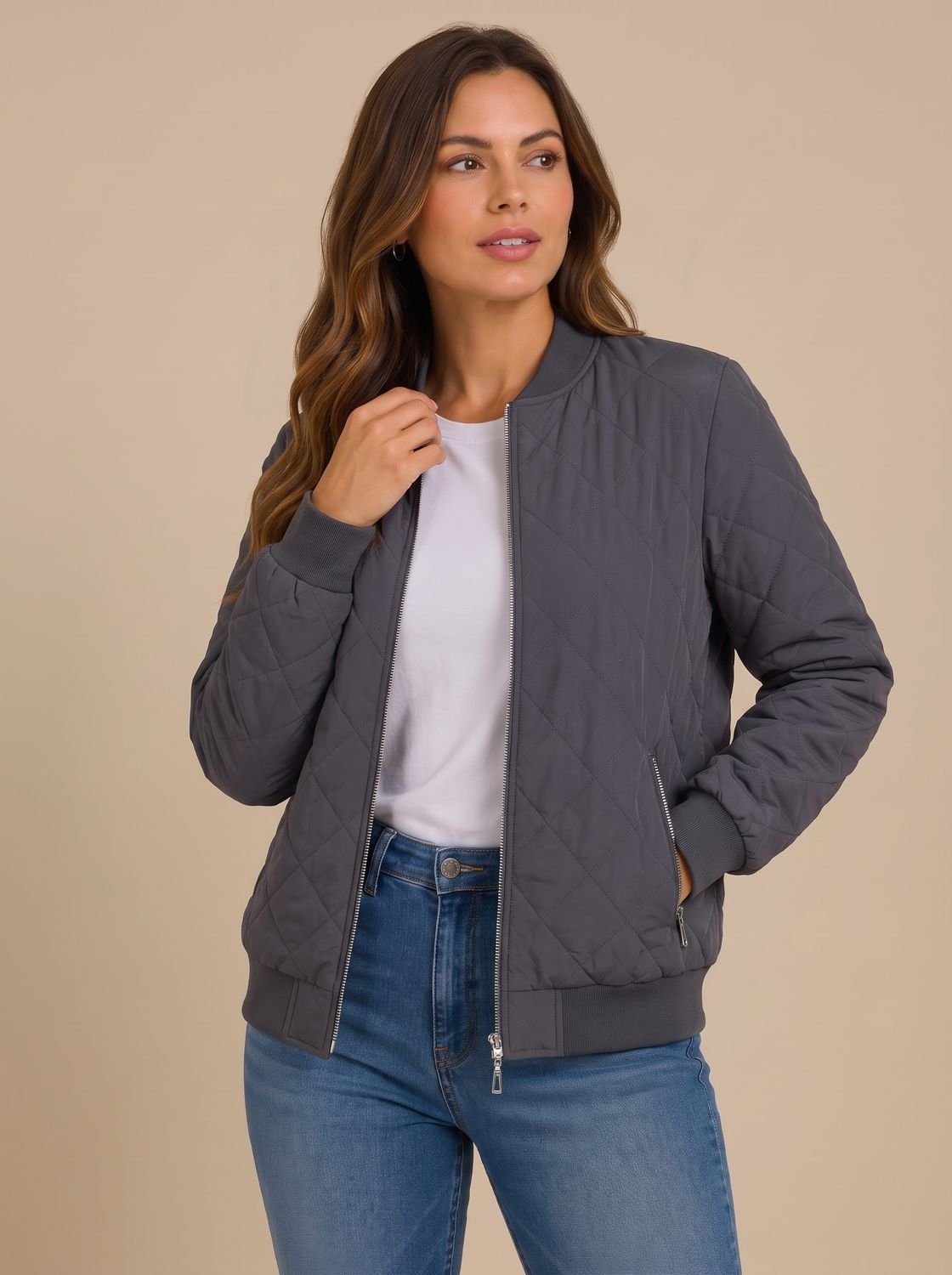 Women's Quilted Bomber Jacket With Zip Pockets