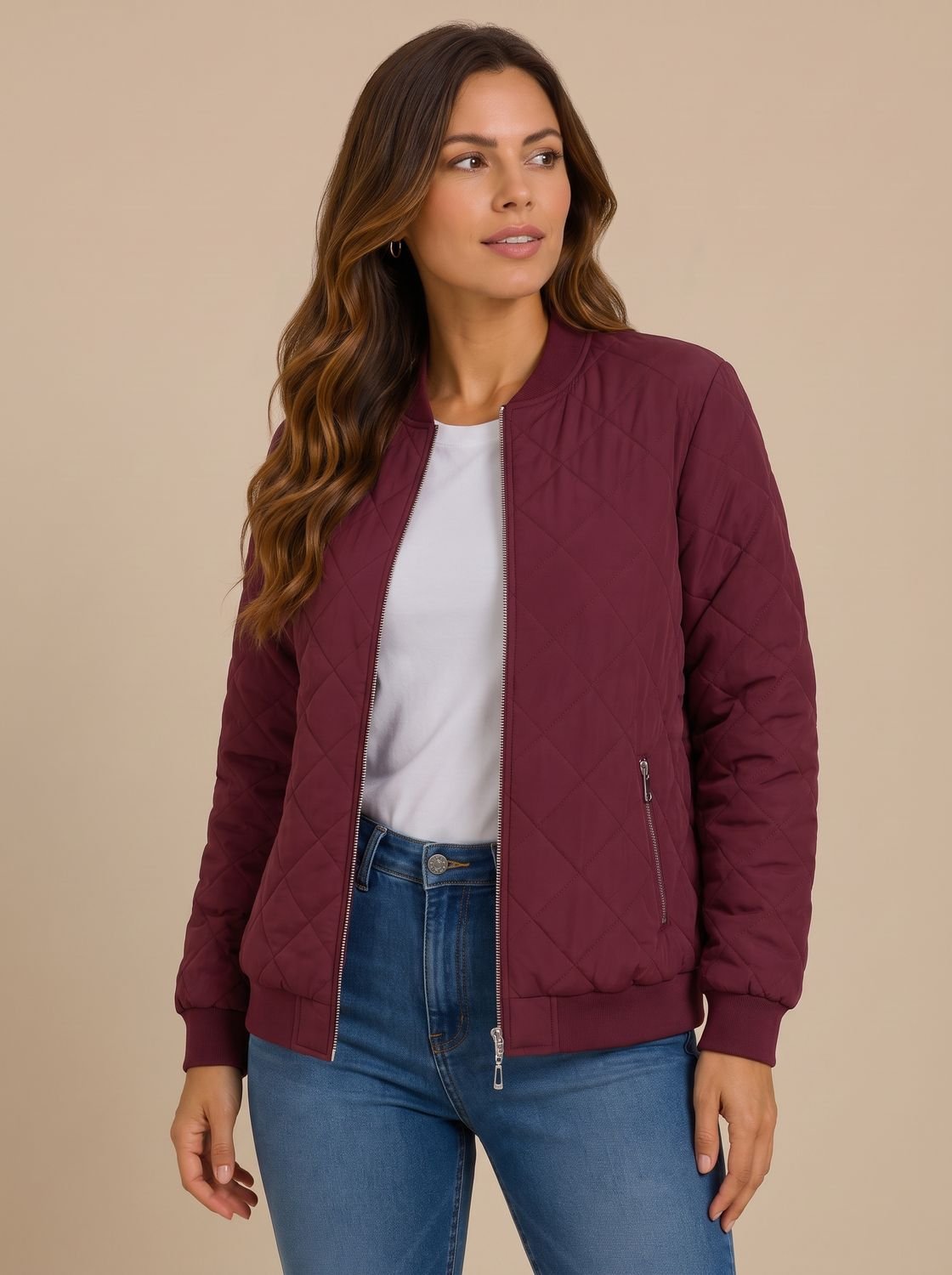 Women's bomber jacket showing two practical zip pockets