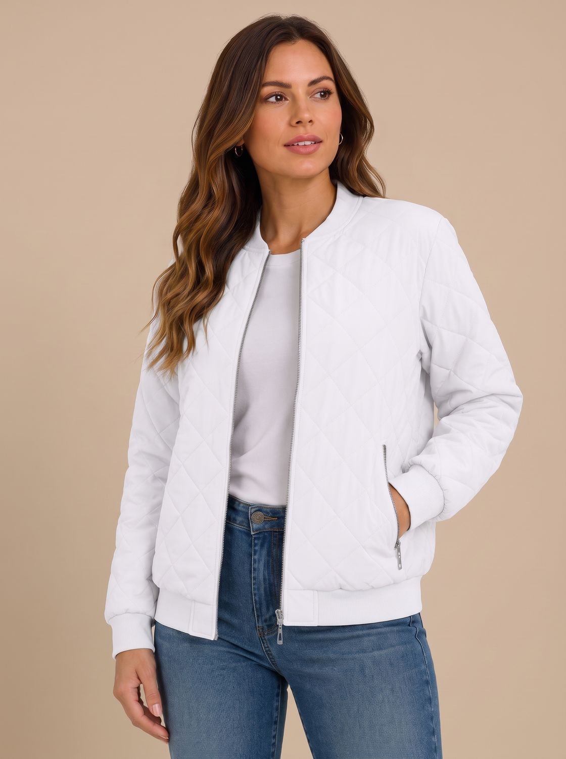 Side view of the quilted bomber jacket with ribbed cuffs