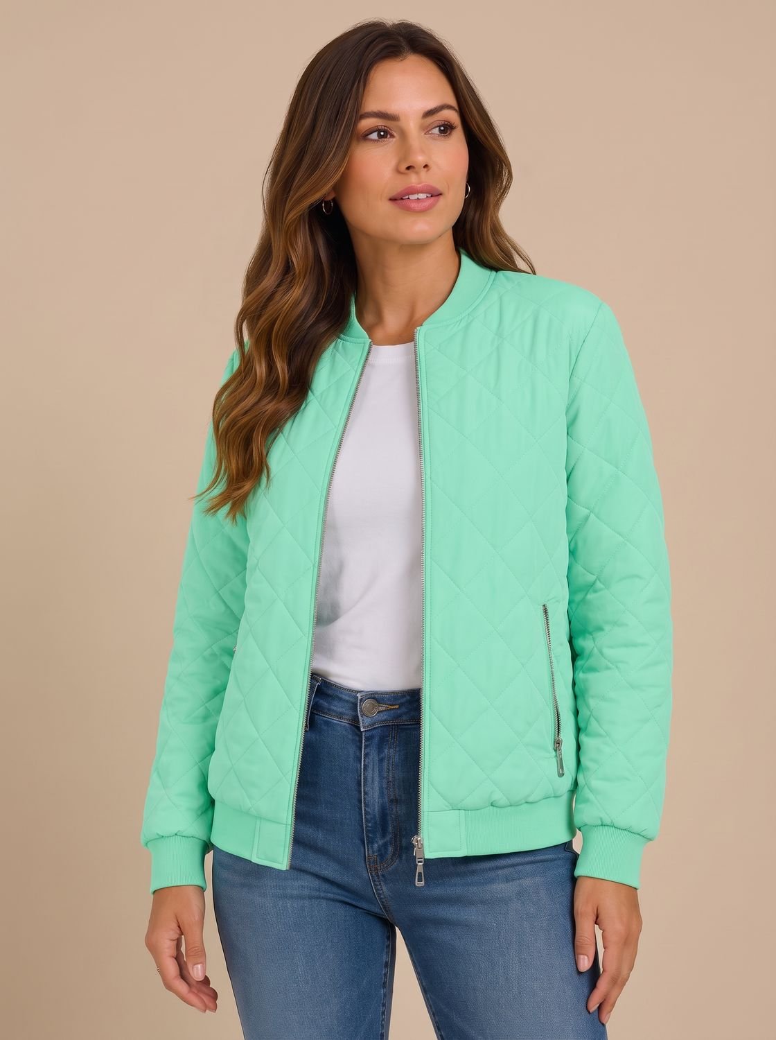 Back view of the women's quilted bomber jacket