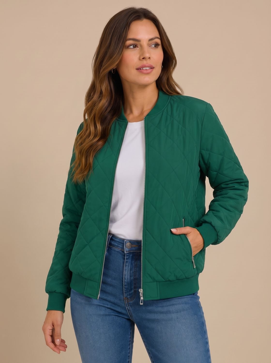 Women's jacket collar and front zipper shown in detail