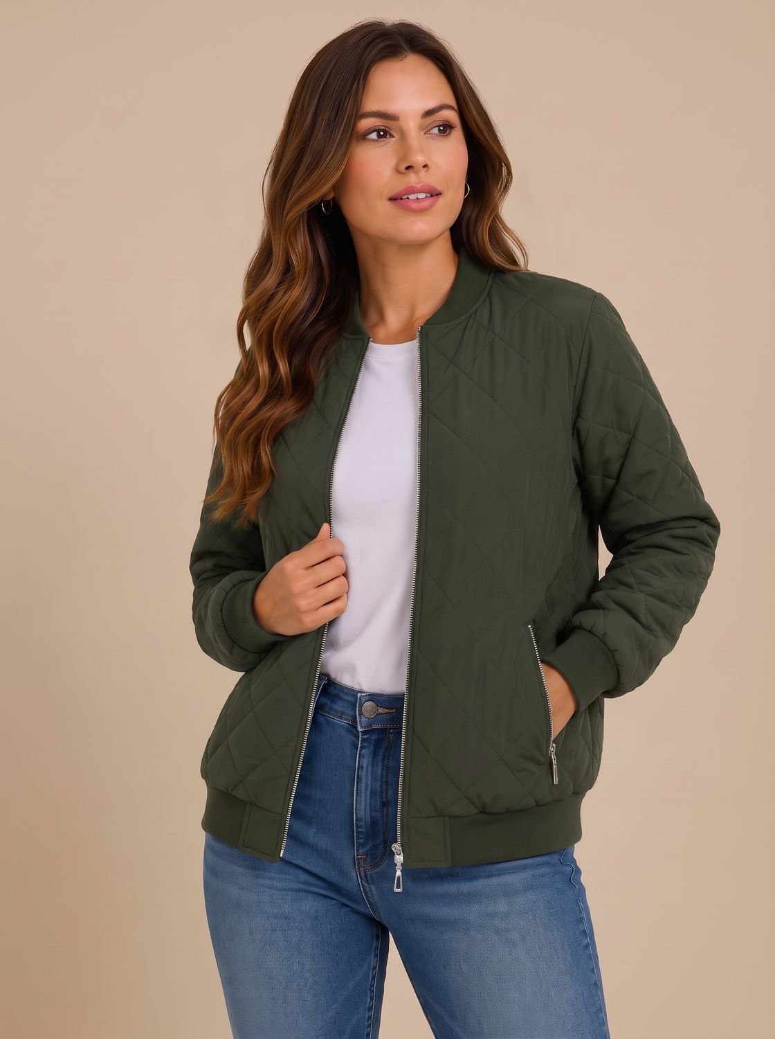 Close-up of a secure zip pocket on the quilted bomber jacket