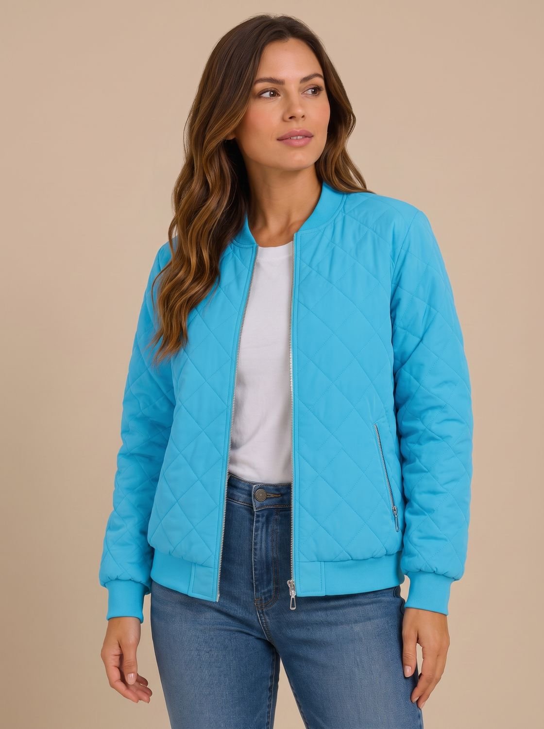 Women's quilted bomber jacket styled for a casual everyday outfit