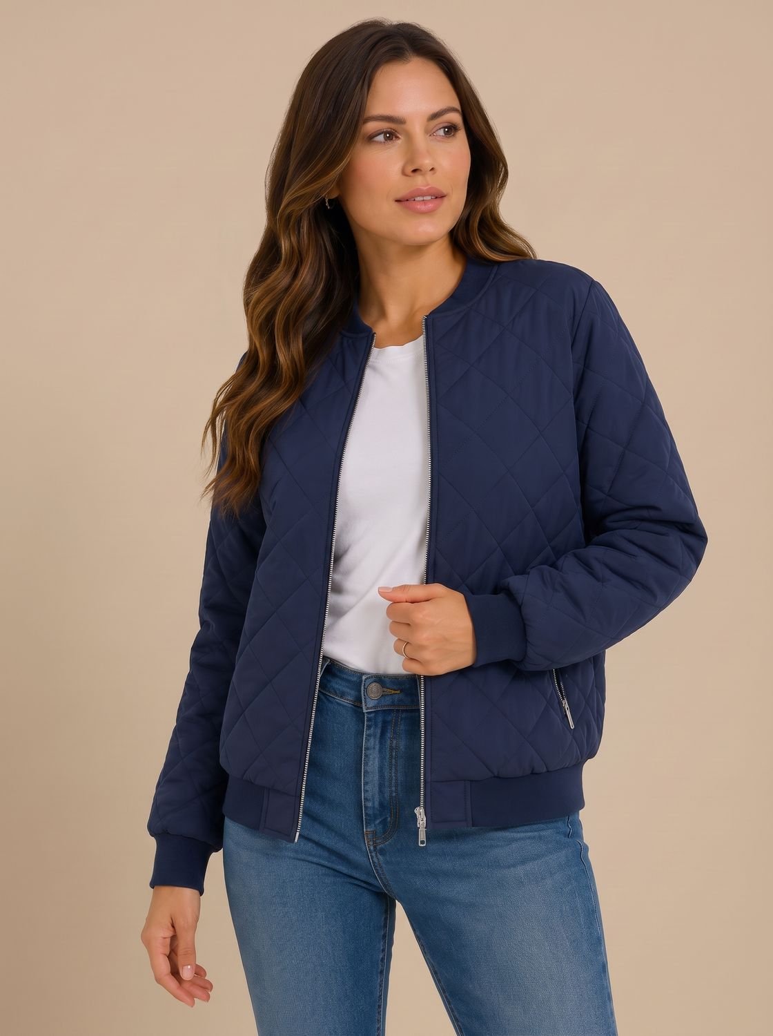 Women's Quilted Bomber Jacket With Zip Pockets