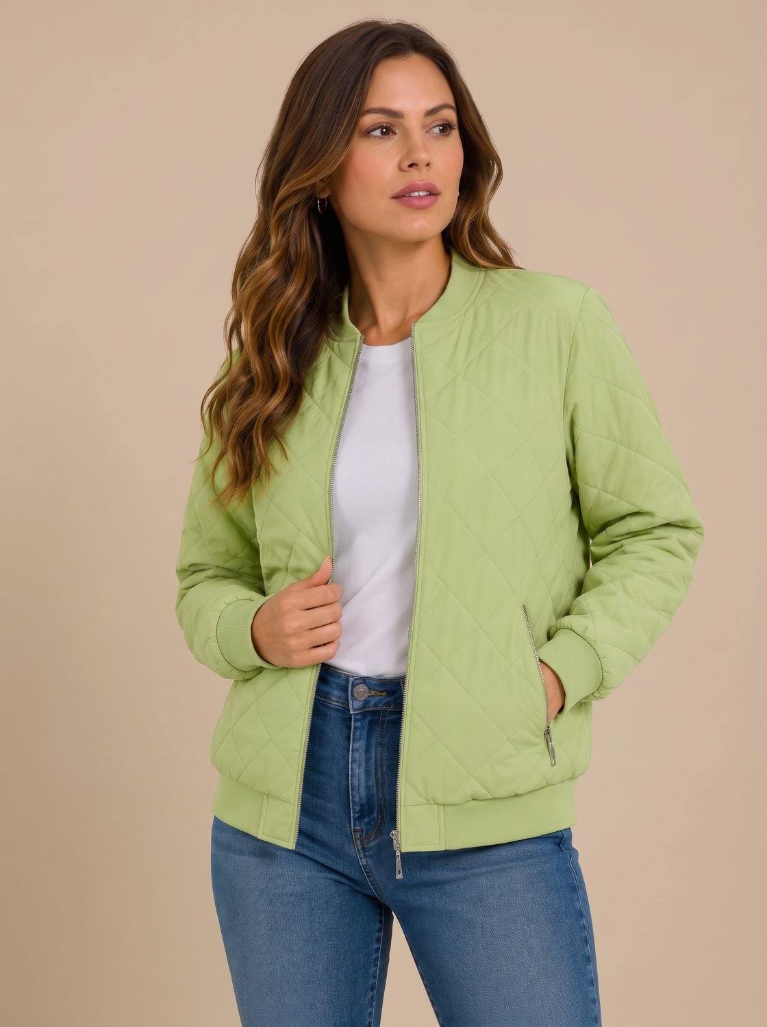Women's Quilted Bomber Jacket With Zip Pockets