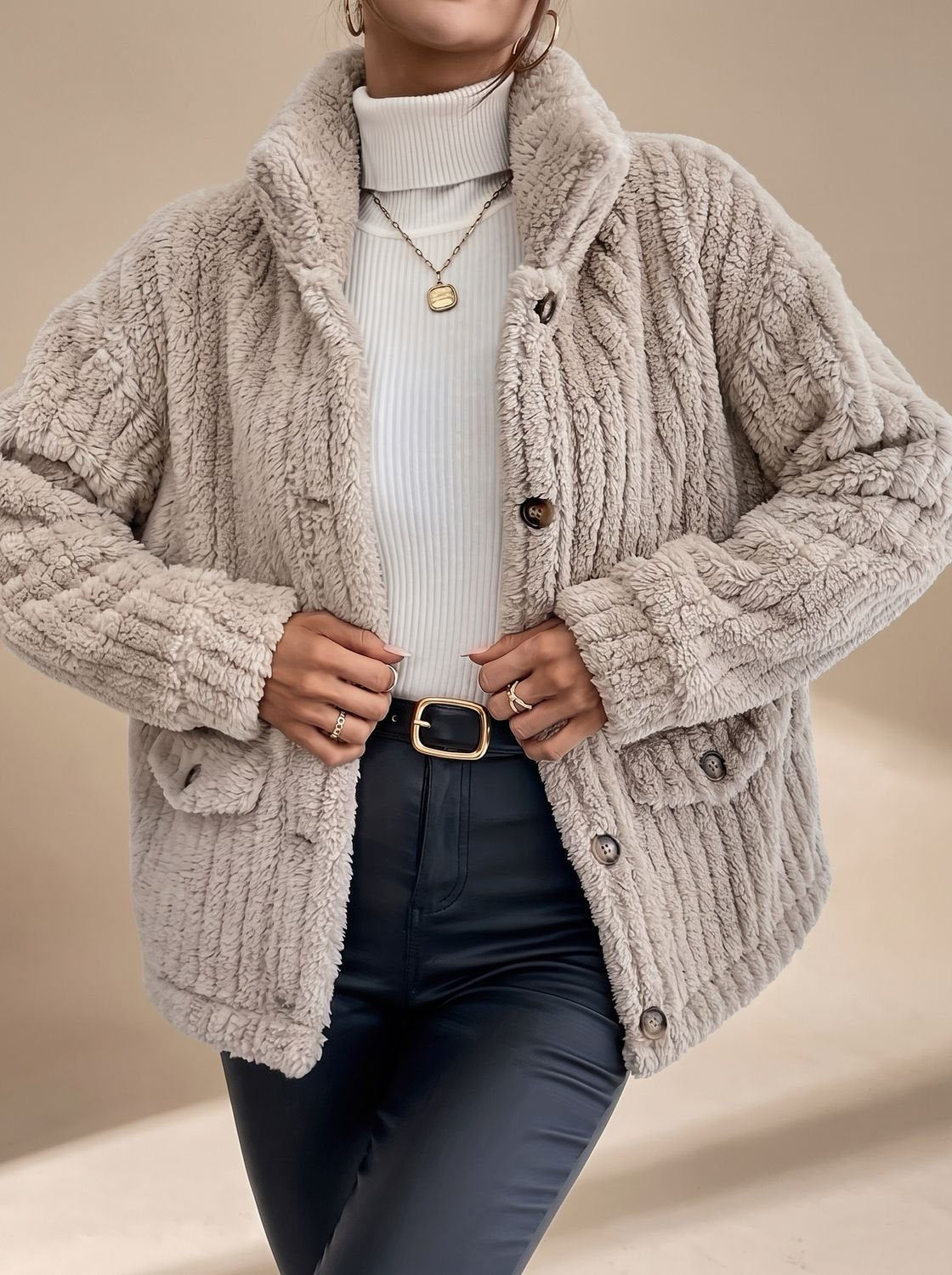 Women's Faux Fur Coat With Button Front And Pockets