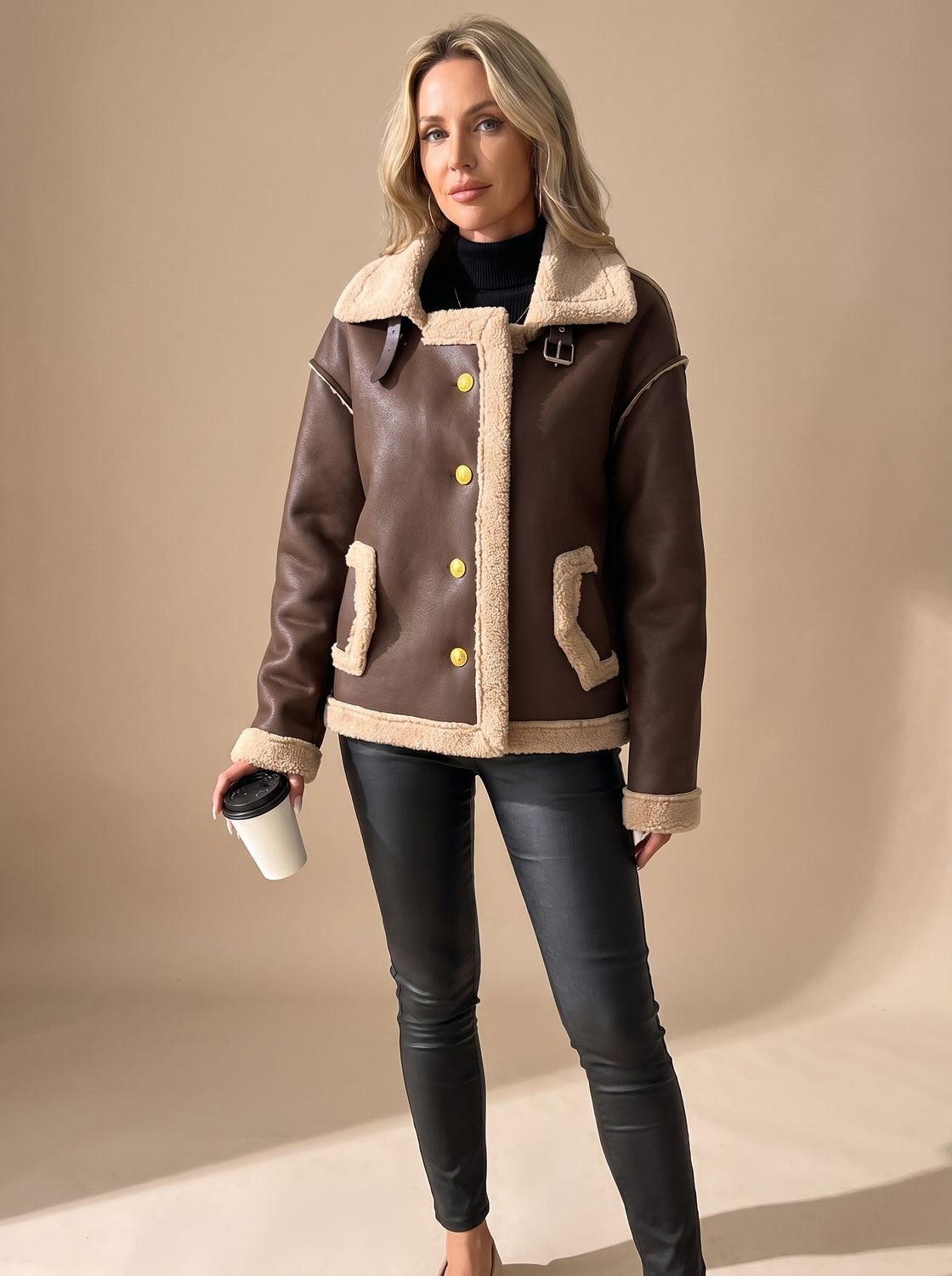 Women's Faux Leather Sherpa-Lined Button-Front Jacket