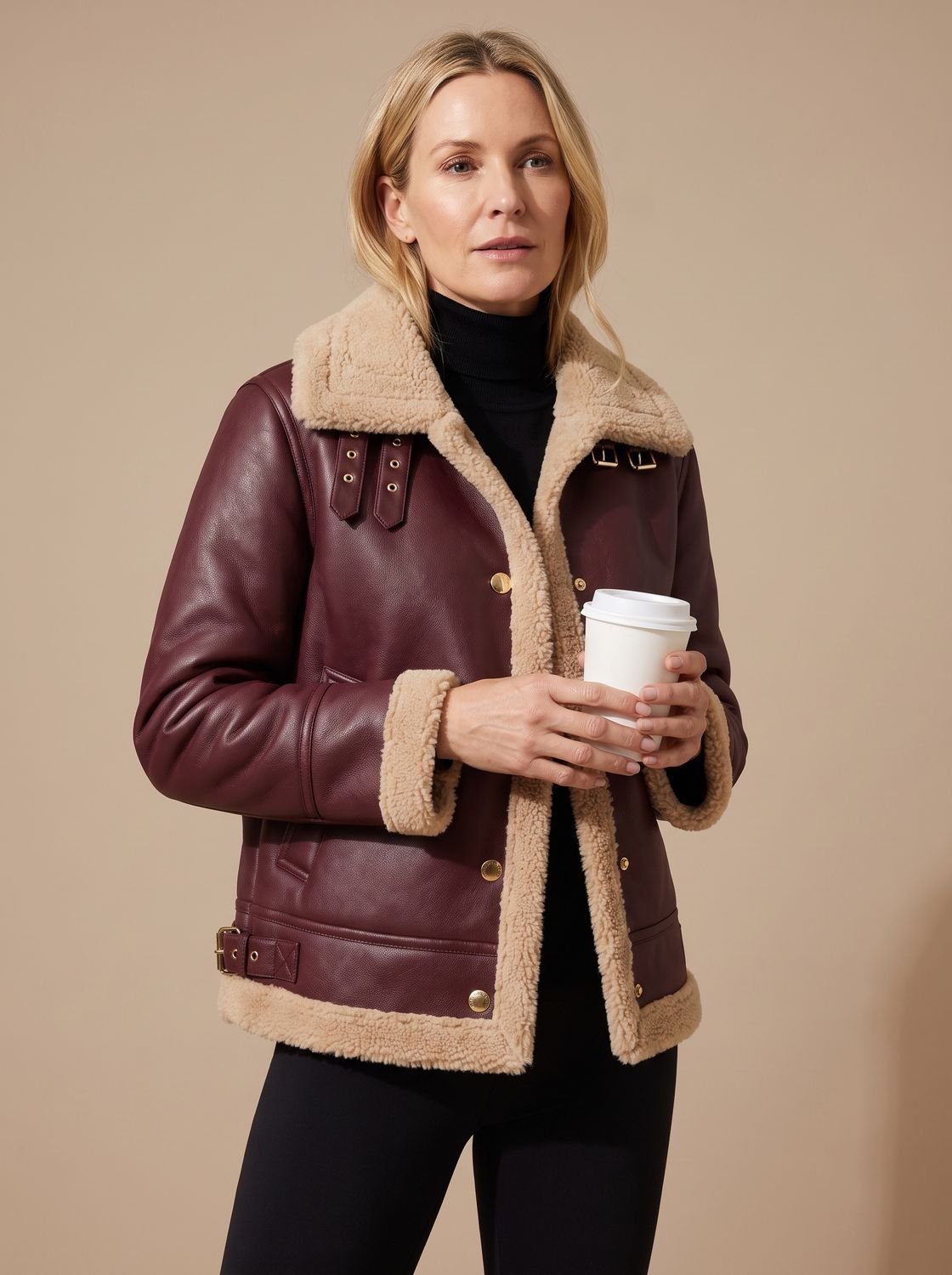 Women's Faux Leather Sherpa-Lined Button-Front Jacket