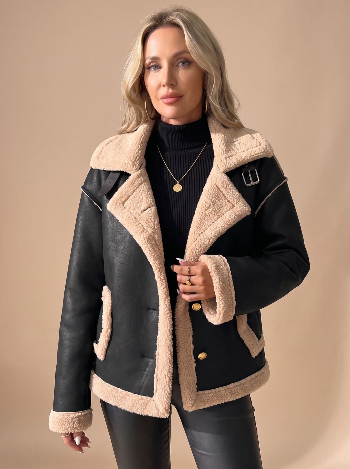 Women's Faux Leather Sherpa-Lined Button-Front Jacket