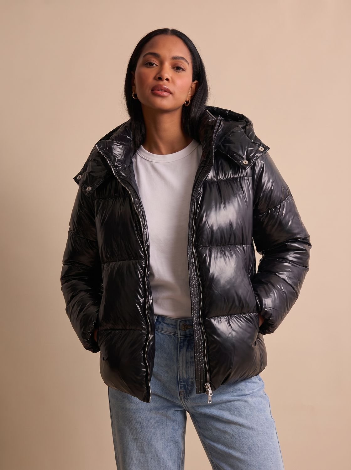 Women's Glossy Hooded Quilted Puffer Jacket