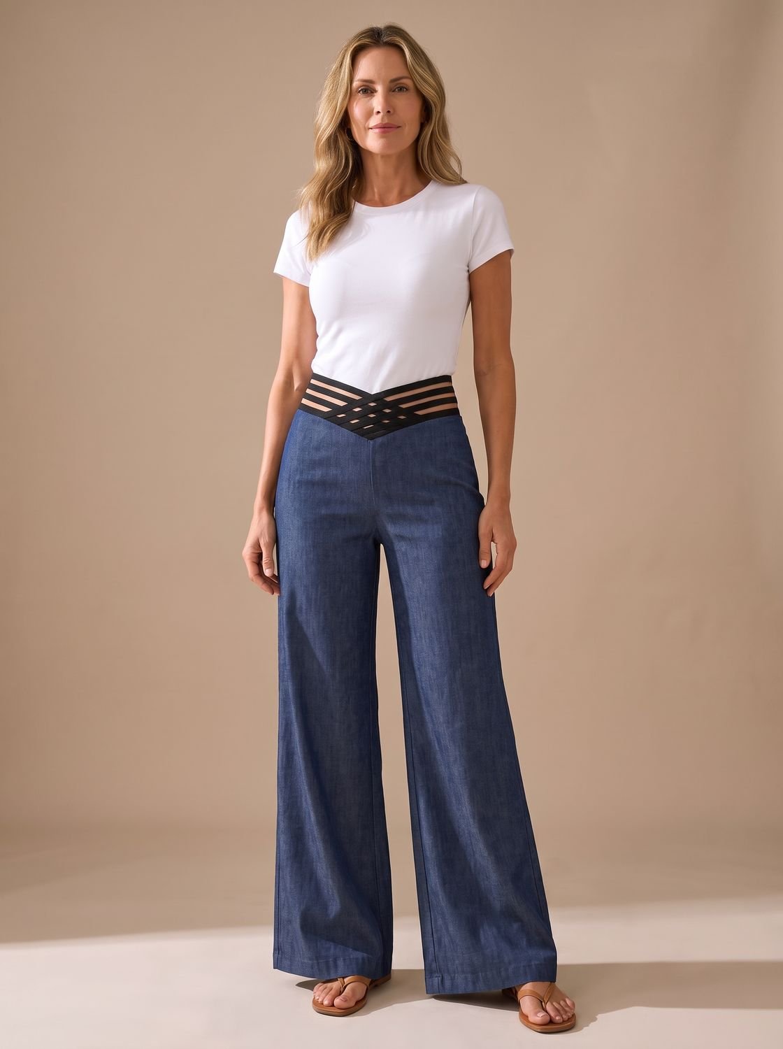 Women's wide-leg pants showing the flattering high-rise fit