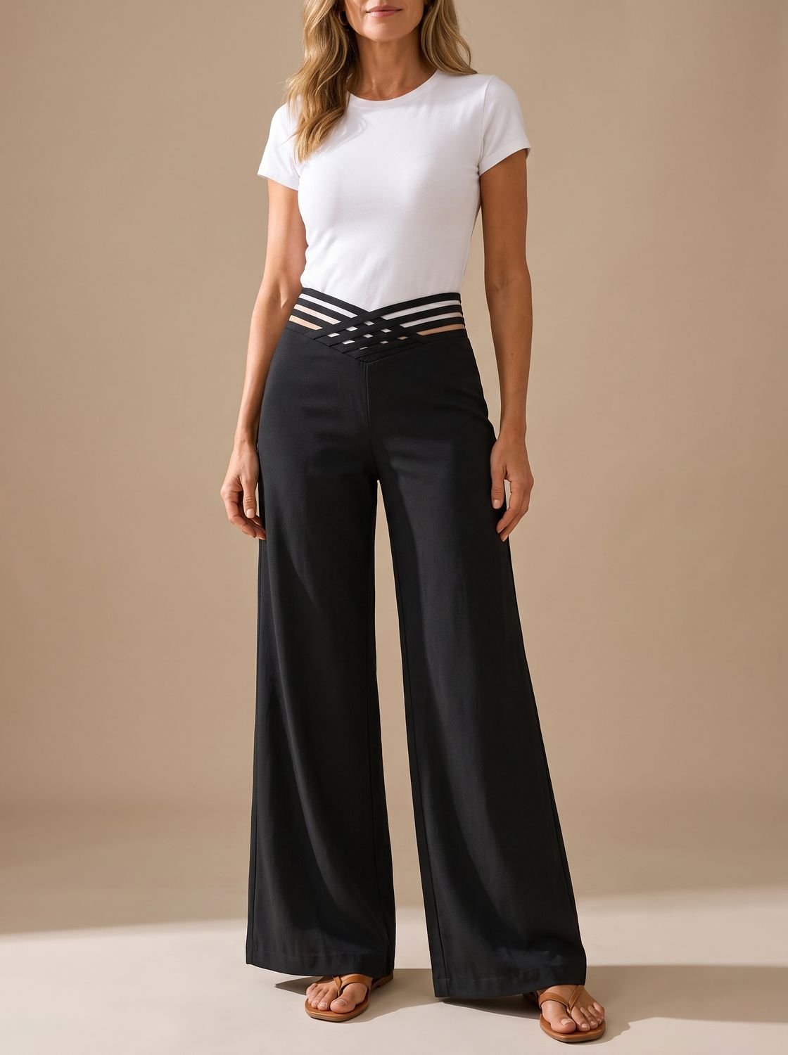 Women's high-waist wide-leg pants with a crossover waistband, front view