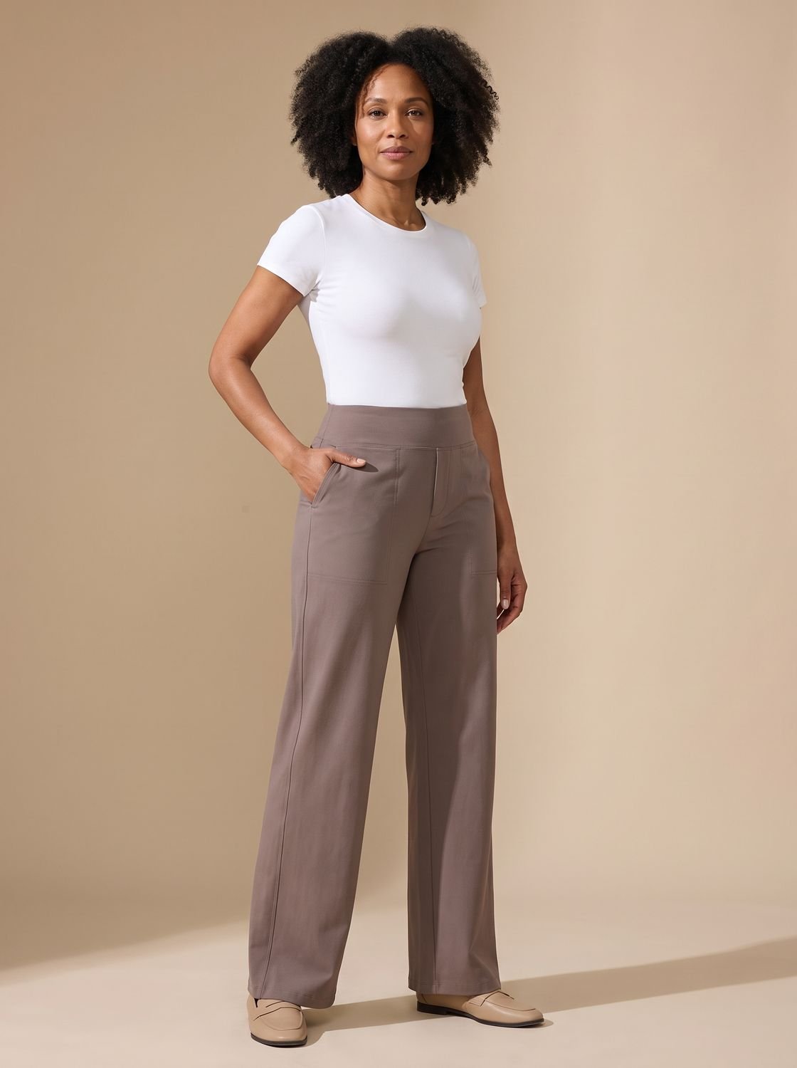 Women's high-waist wide-leg stretch pants shown from the front