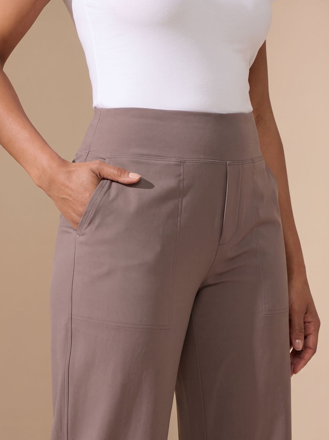 Wide-leg women's pants shown with a comfortable stretch design