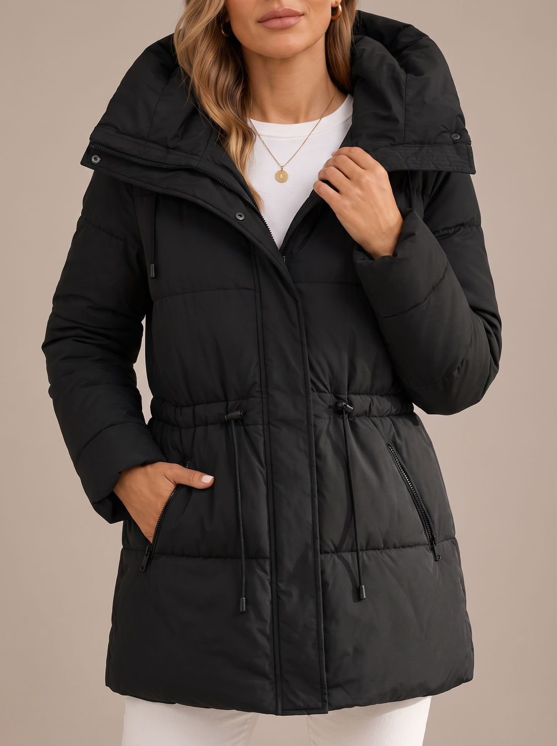 Close-up of the quilted texture and hood on a women's puffer jacket