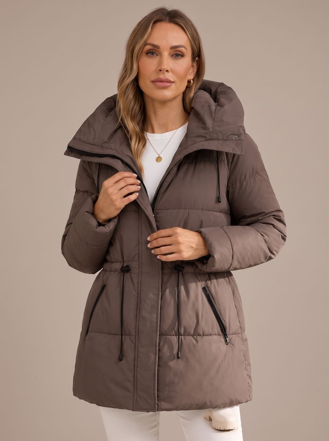 Women's Hooded Puffer Jacket With Drawstring Waist