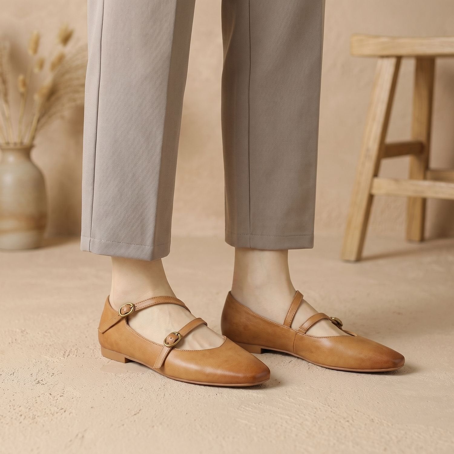 Women's leather double-strap Mary Jane flats shown from the side