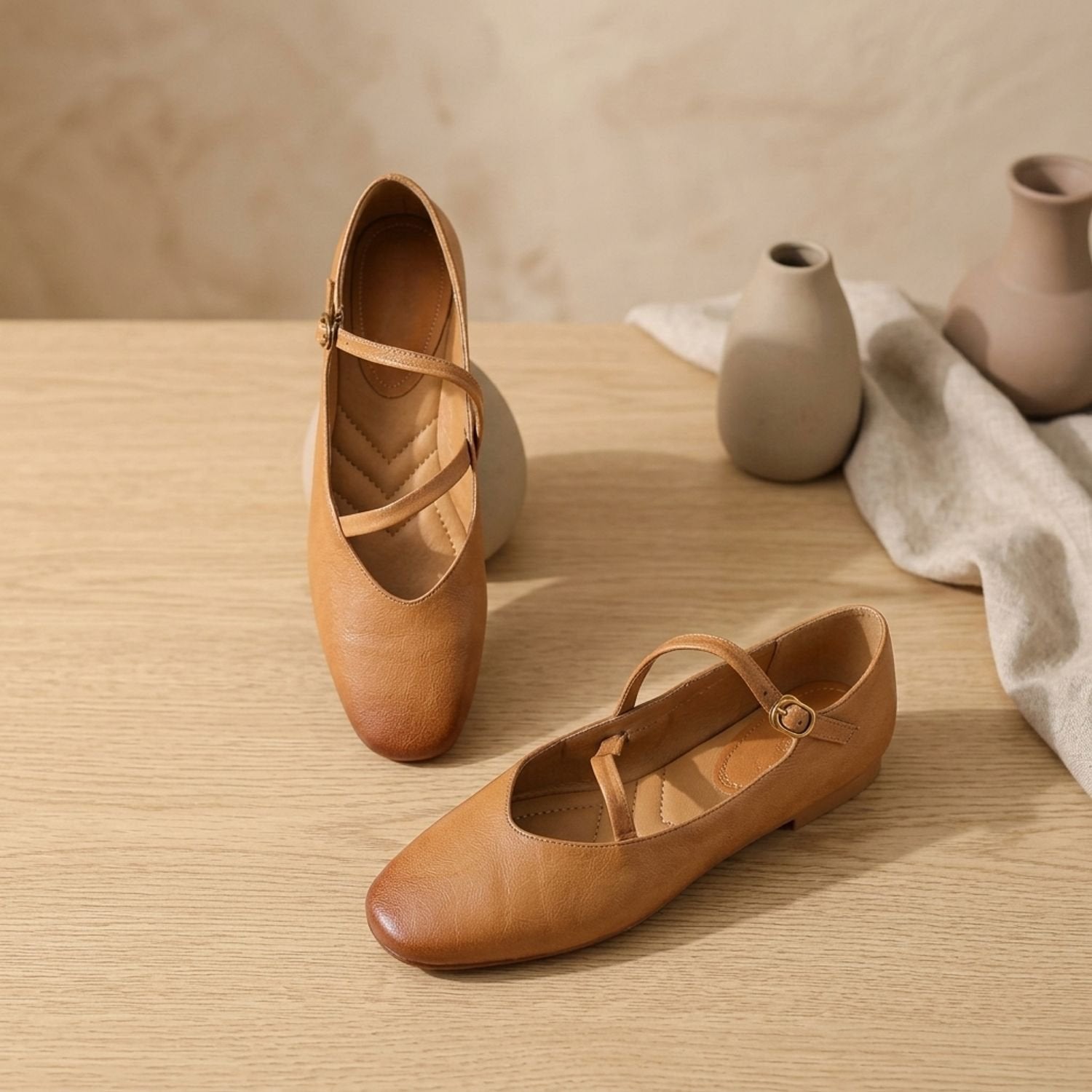 Front view of women's leather Mary Jane flats with rounded toes