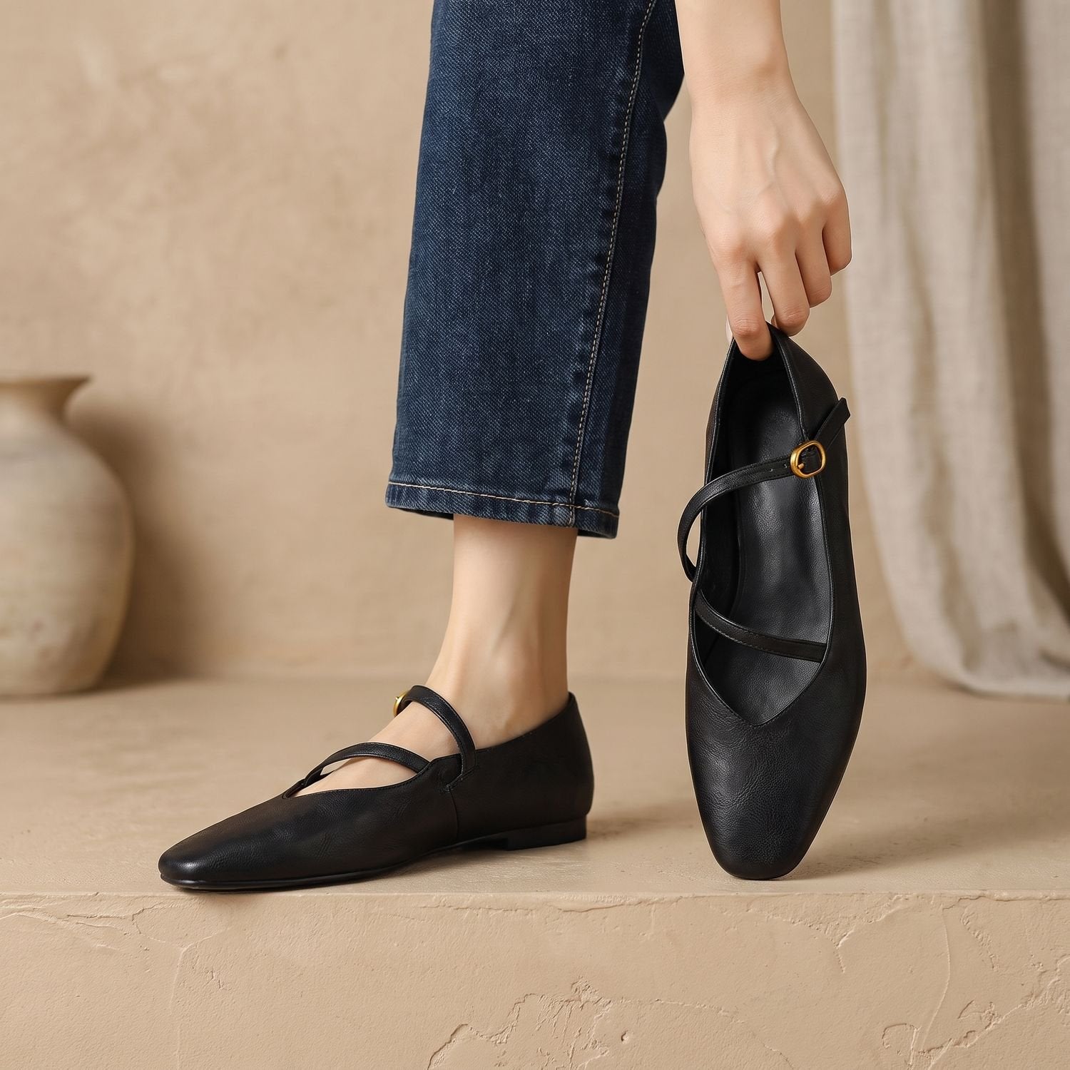 Leather Double-Strap Mary Jane Flats for Women