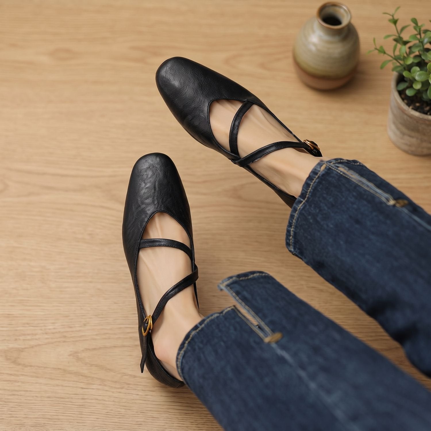 Side profile showing the low sole of women's Mary Jane flats