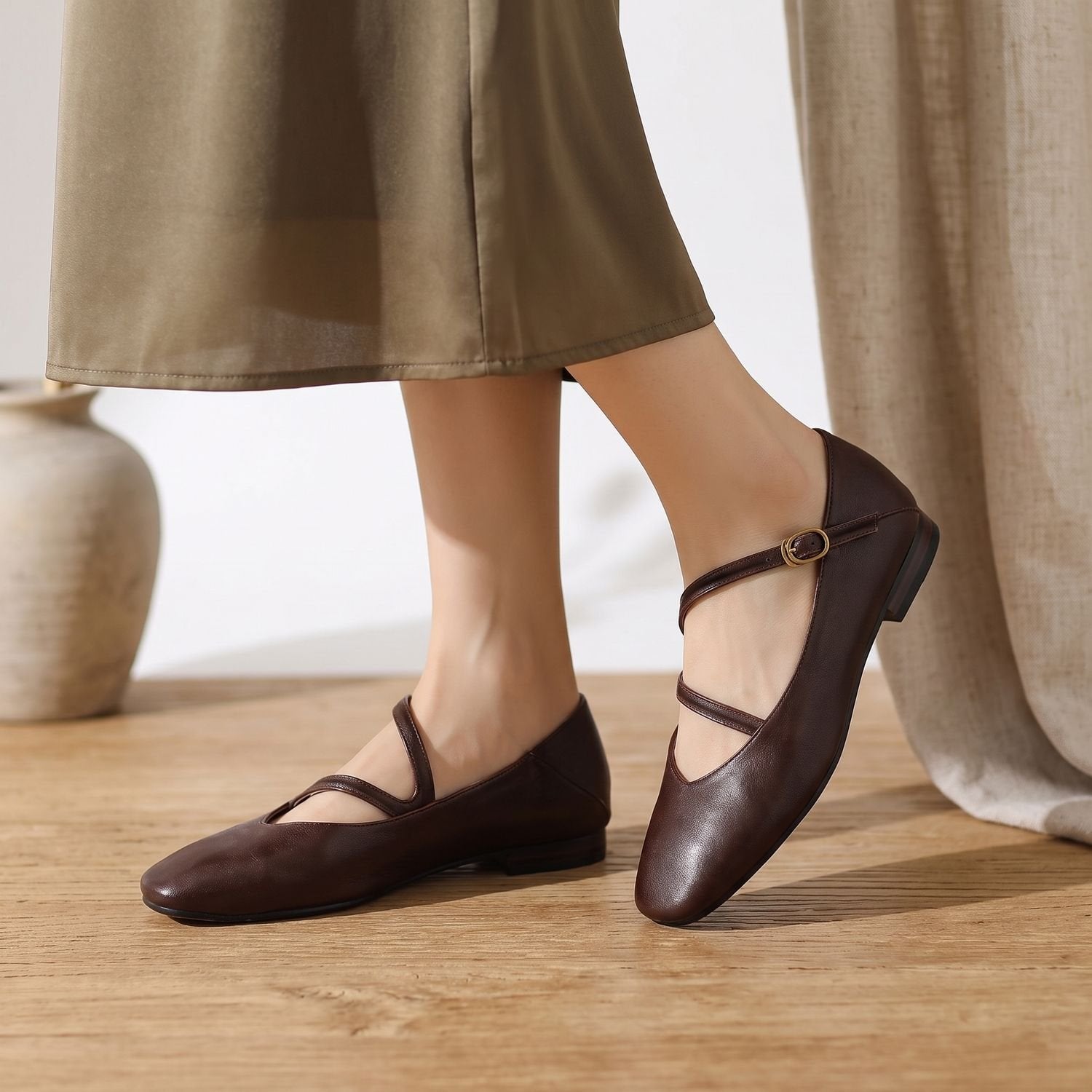 Leather Double-Strap Mary Jane Flats for Women