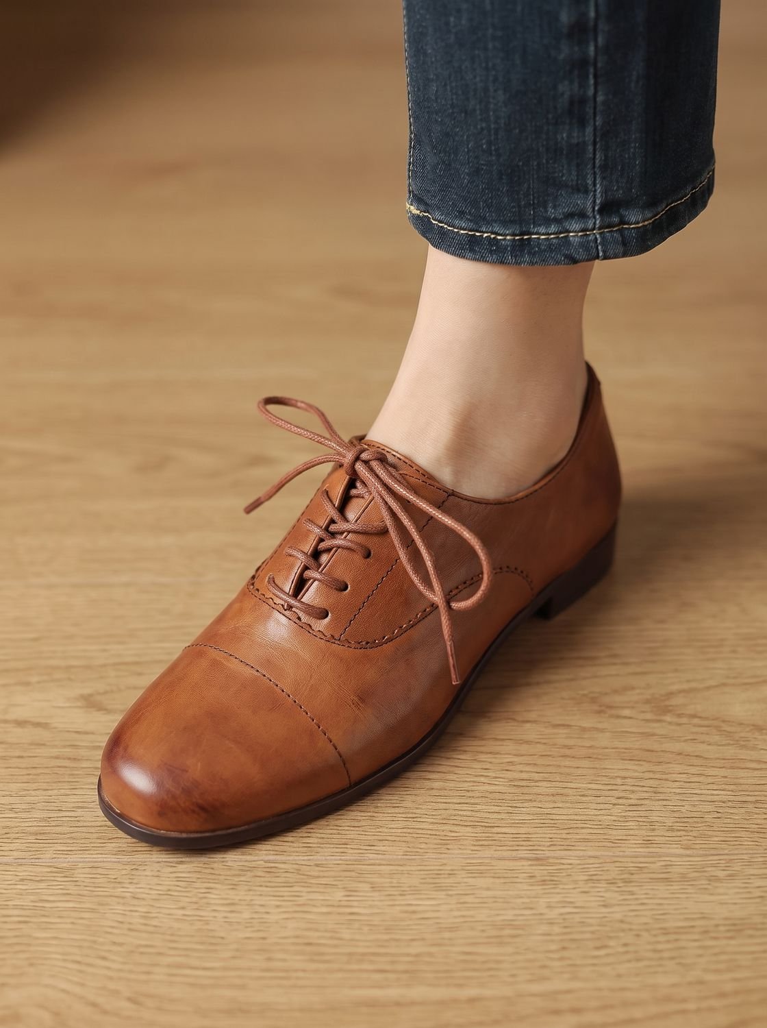 Close-up of the leather upper and lace-up detail on an Oxford flat