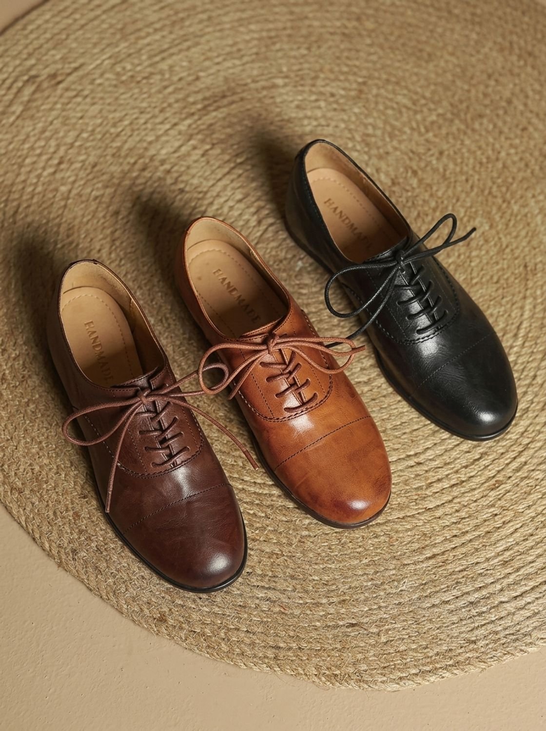 Close-up of the eyelets and laces on a women's Oxford flat