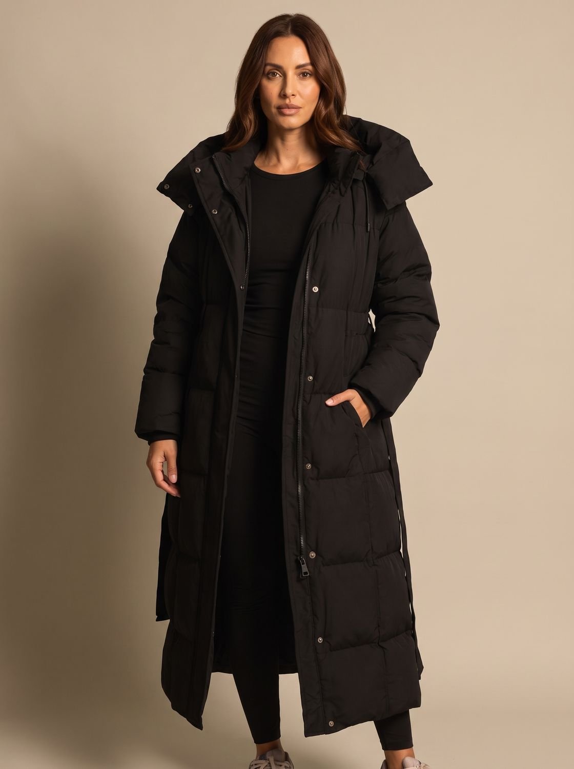 Women's Long Hooded Puffer Coat With Belt