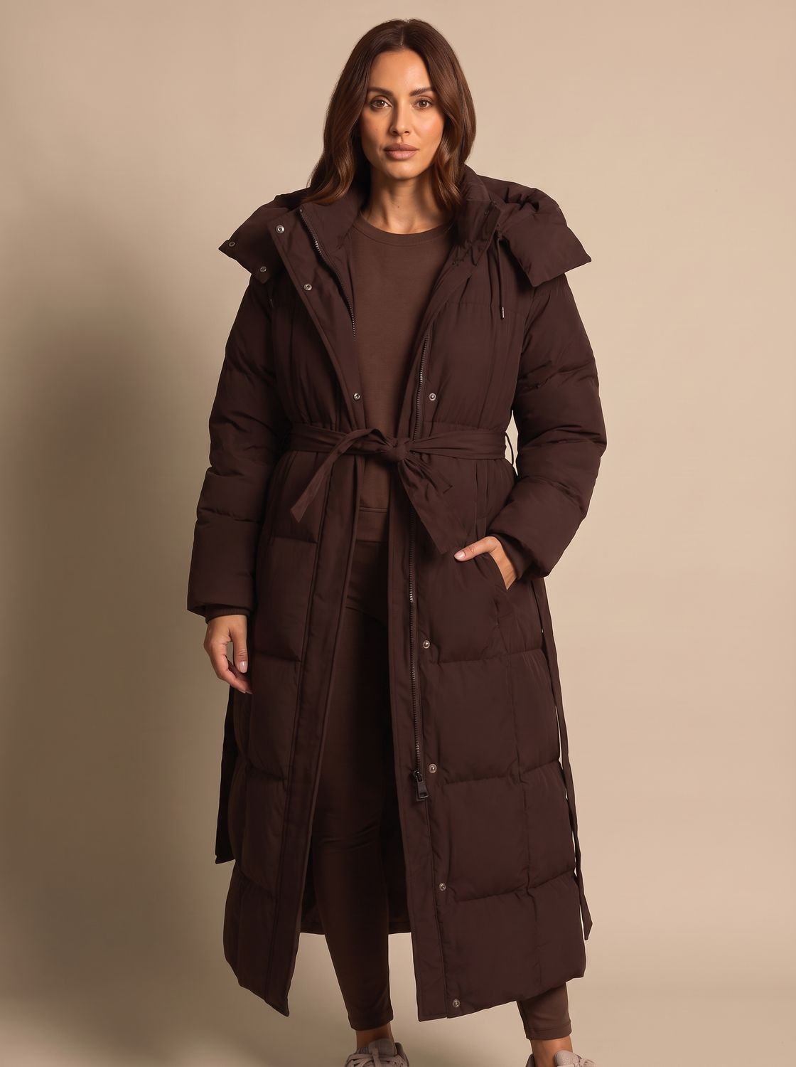 Women's Long Hooded Puffer Coat With Belt