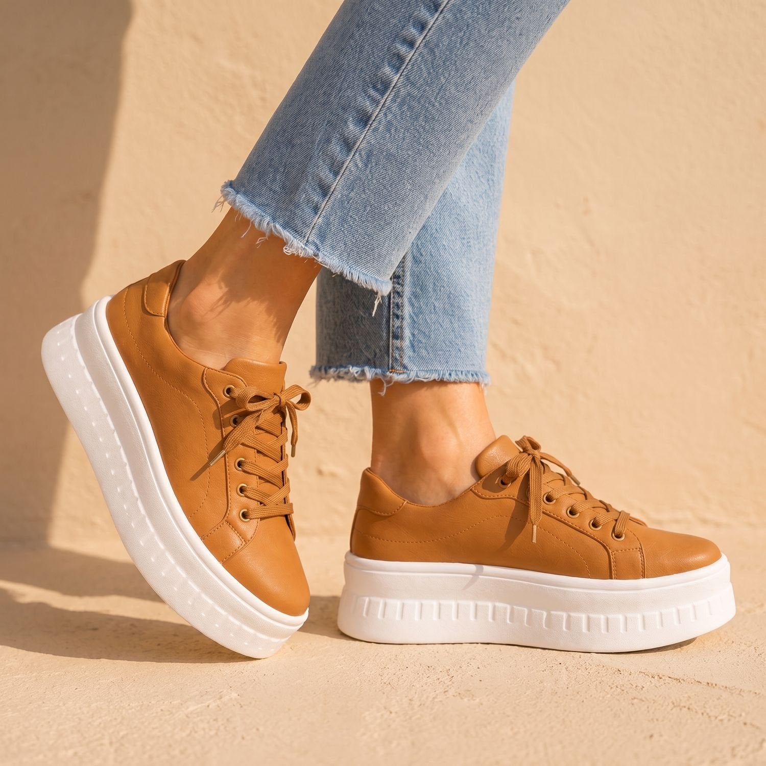 Women's Tan Arch Support Platform Sneakers