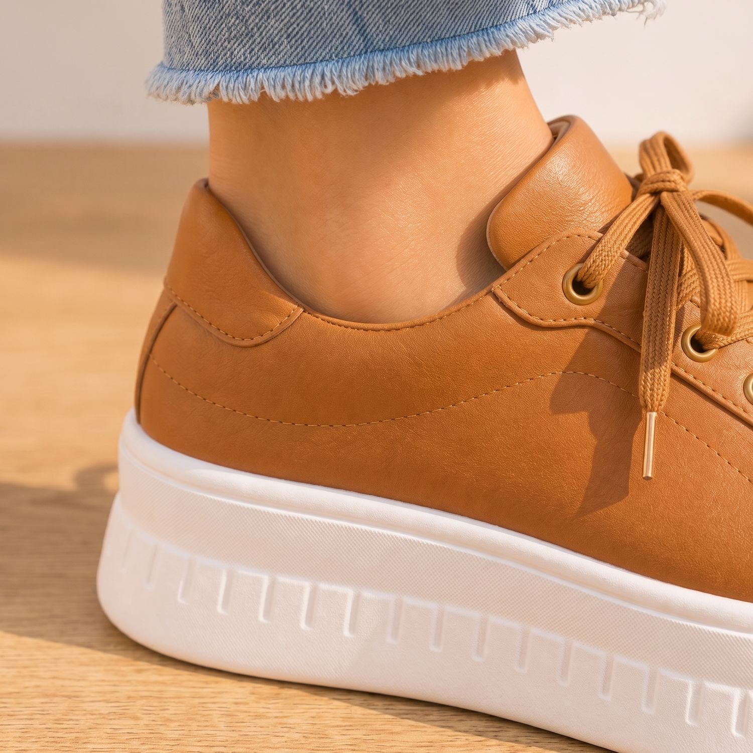 Women's tan orthopedic platform sneakers with cushioned soles