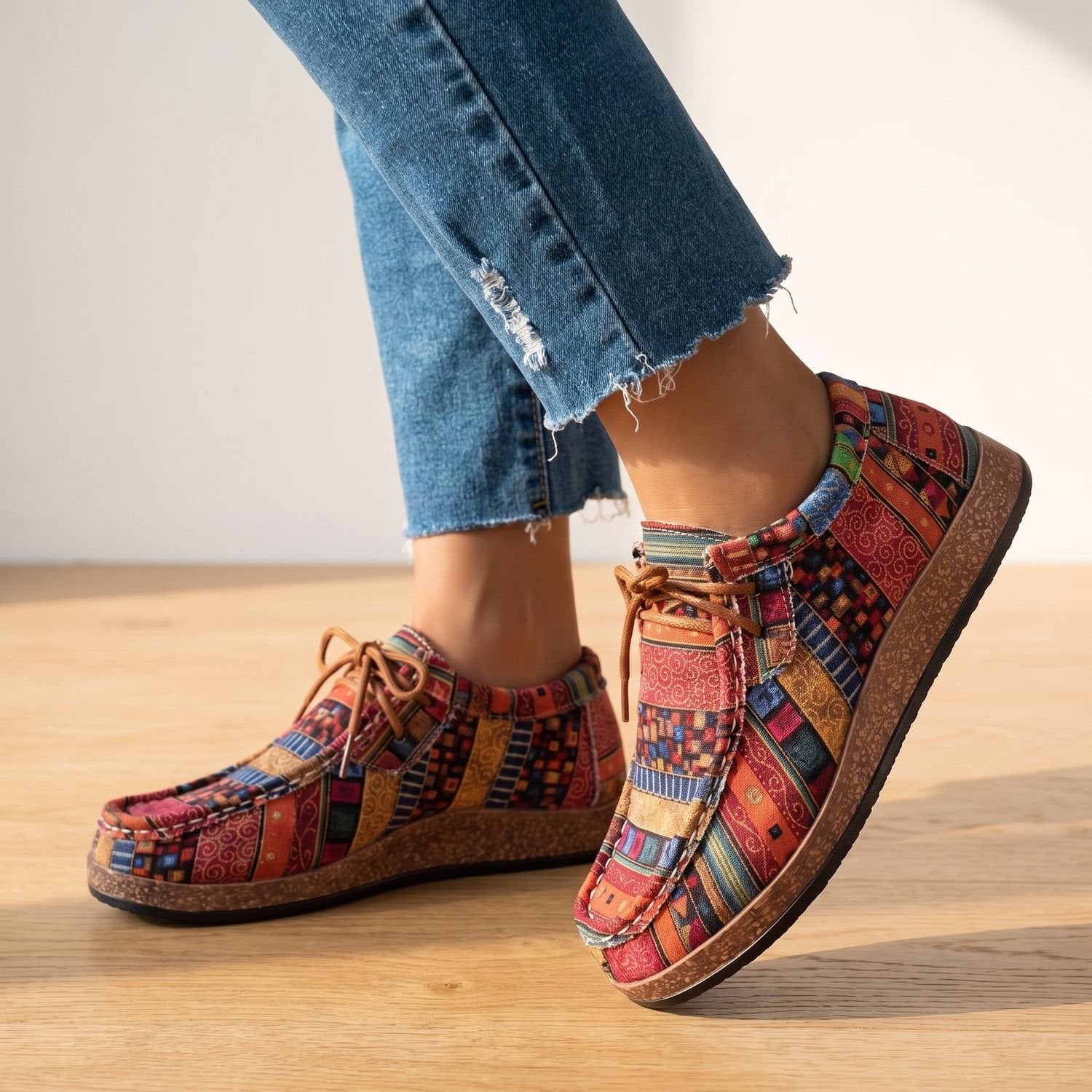 Women's boho patchwork lace-up comfort sneakers viewed from the side