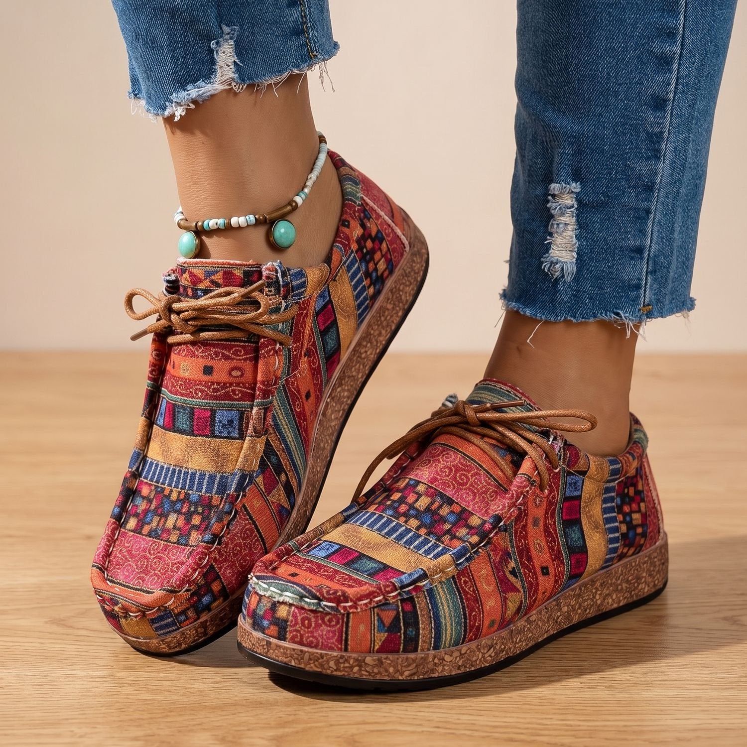 Women's Boho Patchwork Lace-Up Comfort Sneakers