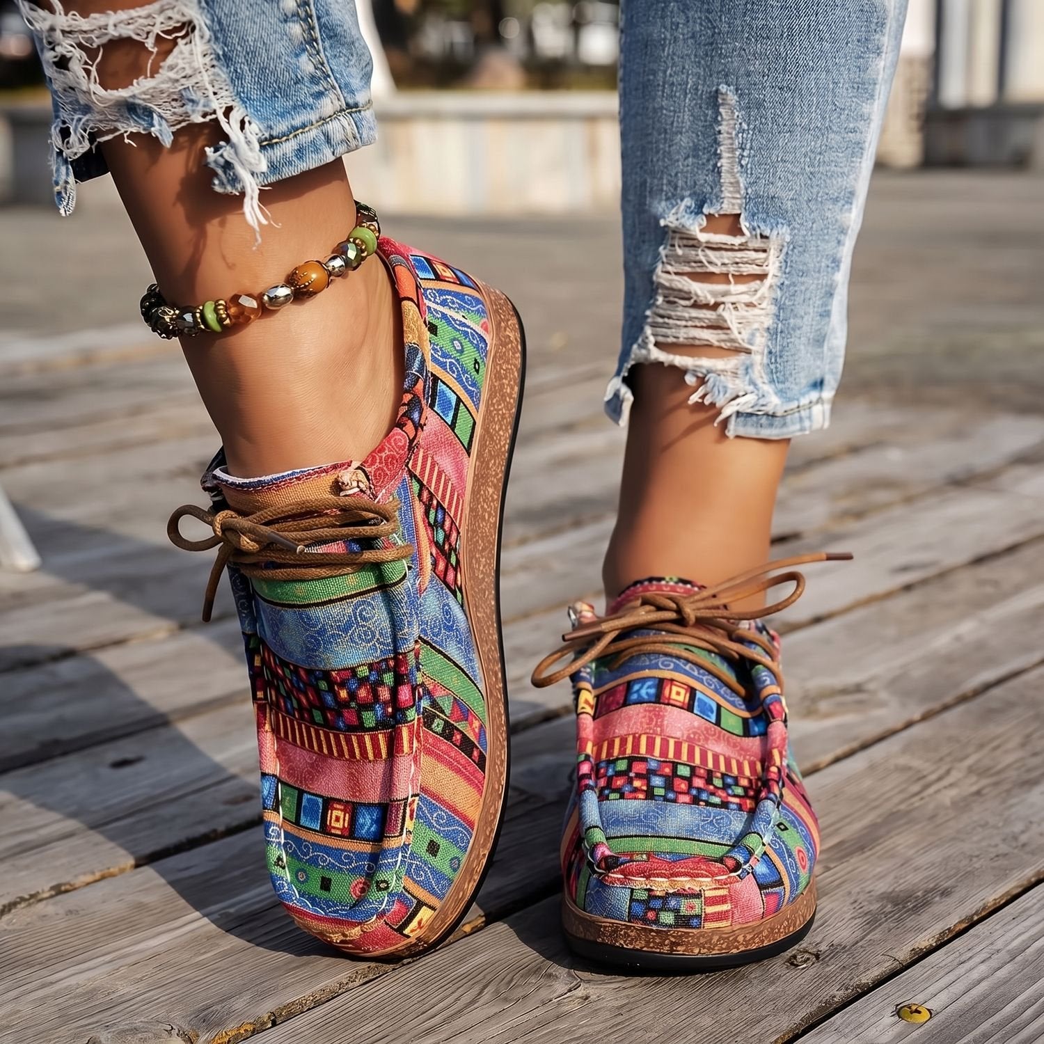 Women's Boho Patchwork Lace-Up Comfort Sneakers