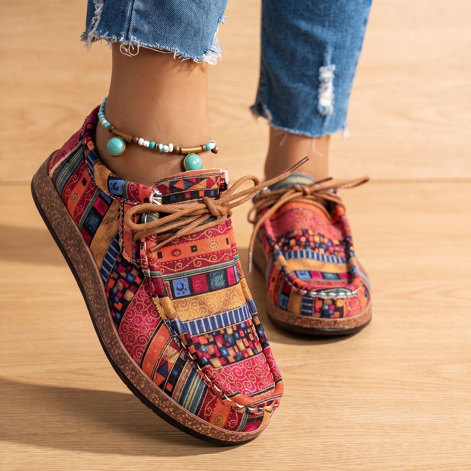 Women's patchwork sneakers showing the lace-up front and casual design