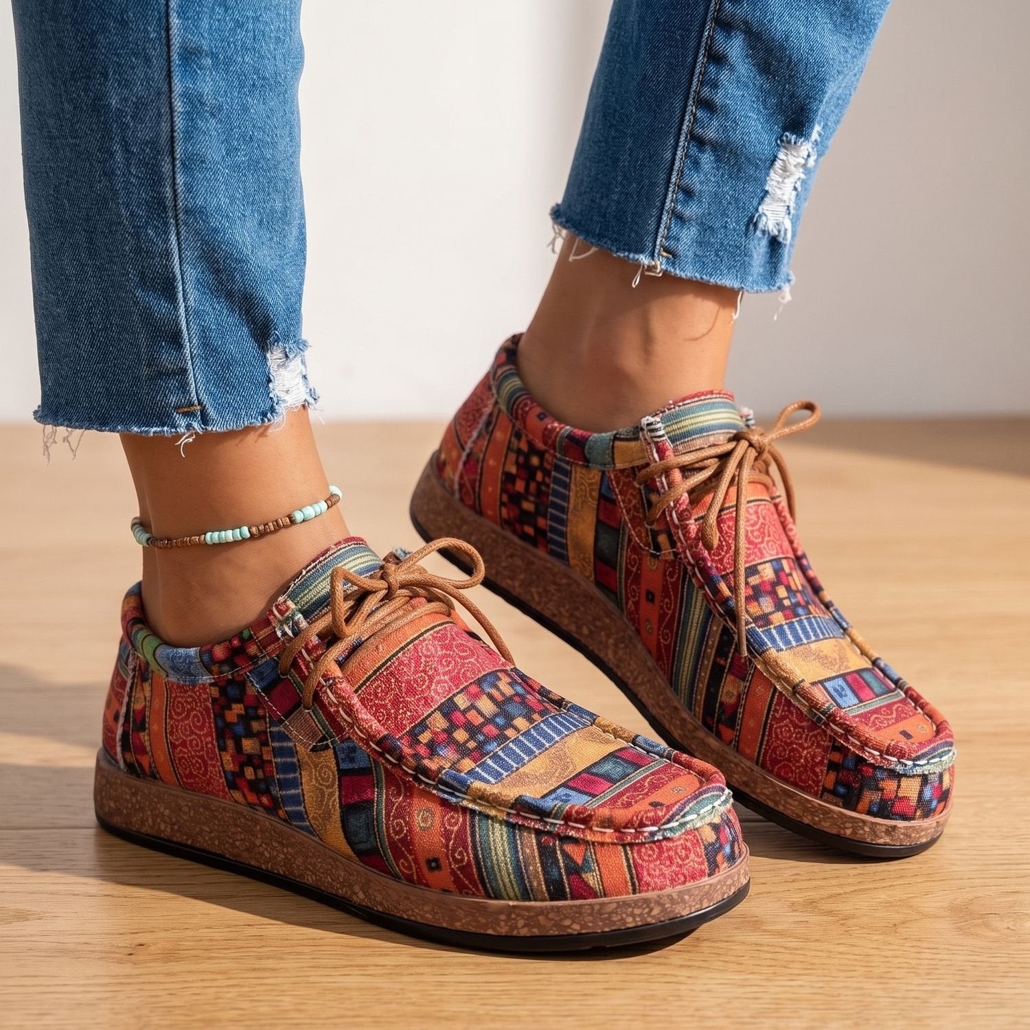 Top view of women's patchwork comfort sneakers with rounded toes