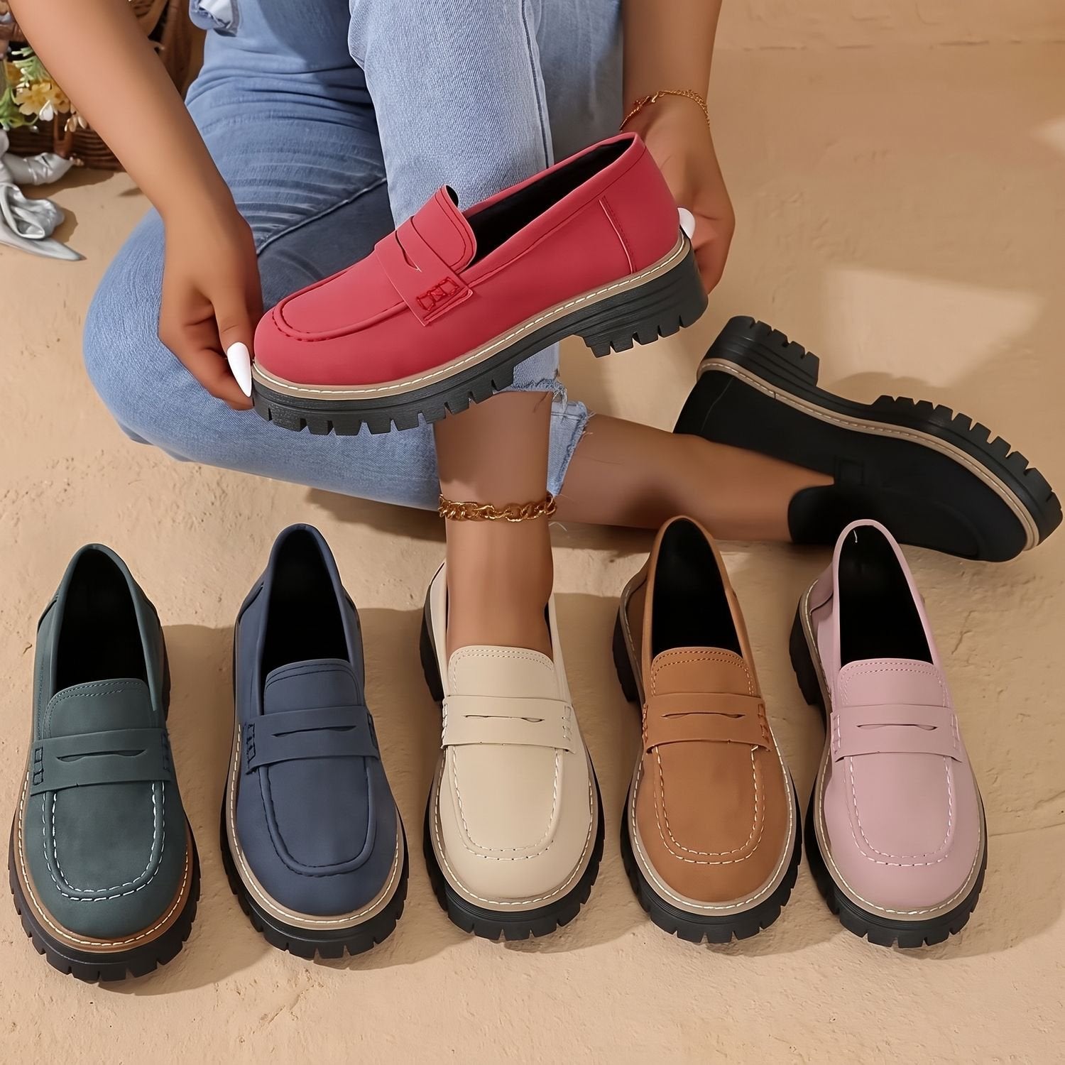 Side profile of platform penny loafers with supportive soles